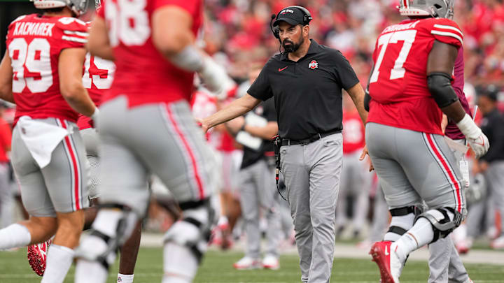 Aug 31, 2024; Columbus, OH, USA; Ohio State Buckeyes head coach Ryan Day walks onto the field during the NCAA football game against the Akron Zips at Ohio Stadium. Ohio State won 52-6.