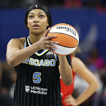 Chicago Sky forward Angel Reese (5) shoots a free throw