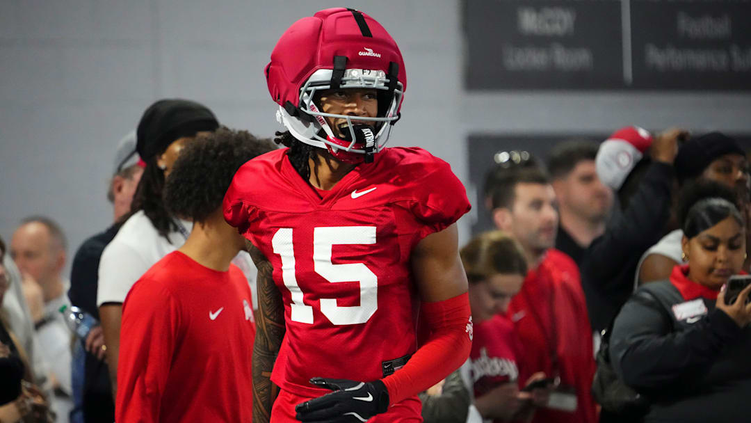 Ohio State Buckeyes wide receiver Chris Henry Jr. (15) lines up during Student Appreciation Day spring practice at the Woody Hayes Athletic Center on April 4, 2026.
