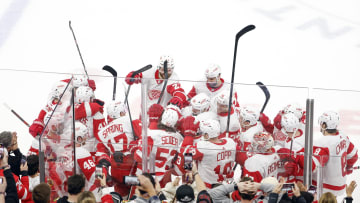 Feb 25, 2024; Chicago, Illinois, USA; Detroit Red Wings right wing Patrick Kane (88) celebrates with