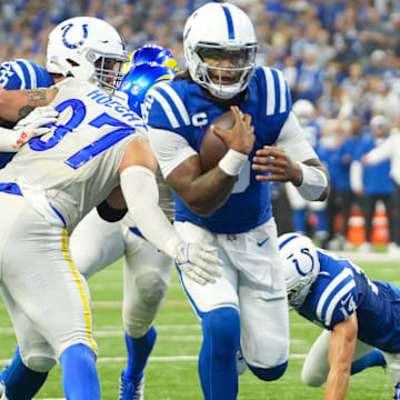 Indianapolis Colts quarterback Anthony Richardson (5) scores a touchdown during fourth quarter game action against the Los Angeles Rams at Indianapolis Colts, on Sunday, Oct. 1, 2023, at Lucas Oil Stadium in Indianapolis.