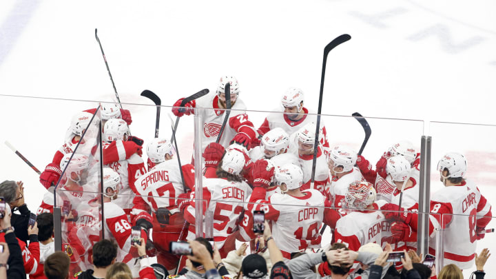 Feb 25, 2024; Chicago, Illinois, USA; Detroit Red Wings right wing Patrick Kane (88) celebrates with