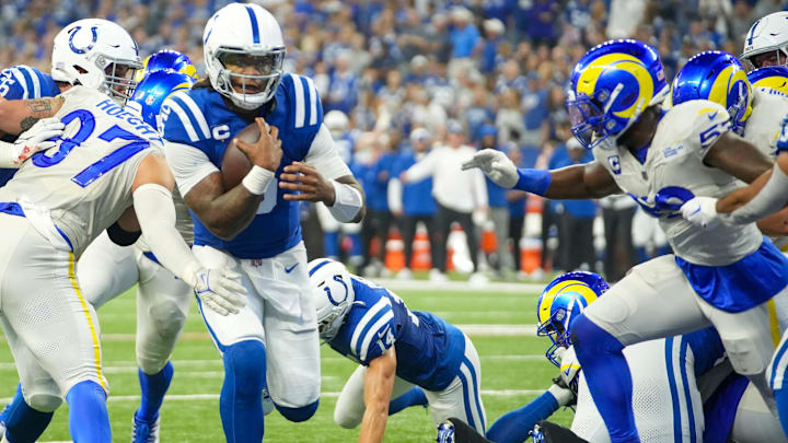 Indianapolis Colts quarterback Anthony Richardson (5) scores a touchdown during fourth quarter game action against the Los Angeles Rams at Indianapolis Colts, on Sunday, Oct. 1, 2023, at Lucas Oil Stadium in Indianapolis.