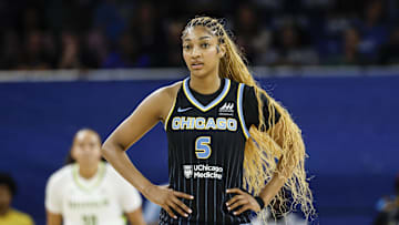 Jul 9, 2025; Chicago, Illinois, USA; Chicago Sky forward Angel Reese (5) stands on the court during the first half of a WNBA game against the Dallas Wings at Wintrust Arena. Mandatory Credit: Kamil Krzaczynski-Imagn Images