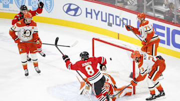 Oct 19, 2025; Chicago, Illinois, USA; Chicago Blackhawks center Ryan Donato (8) scores in overtime a game winning goal against the Anaheim Ducks at United Center. Mandatory Credit: Kamil Krzaczynski-Imagn Images