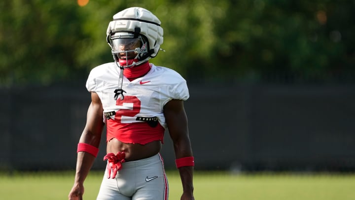 Aug 8, 2024; Columbus, Ohio, USA; Ohio State Buckeyes safety Caleb Downs (2) lines up during football practice at the Woody Hayes Athletic Complex.