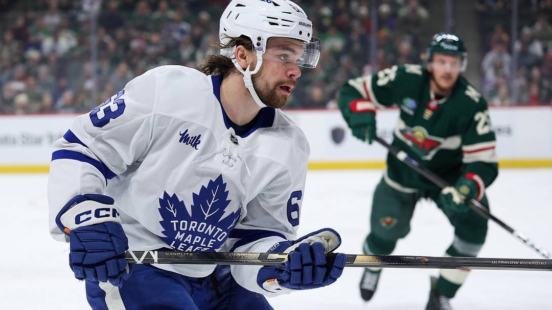 Mar 15, 2026; Saint Paul, Minnesota, USA; Toronto Maple Leafs forward Matias Maccelli skates for the puck against the Minnesota Wild at Grand Casino Arena. Mandatory Credit: Matt Krohn-Imagn Images