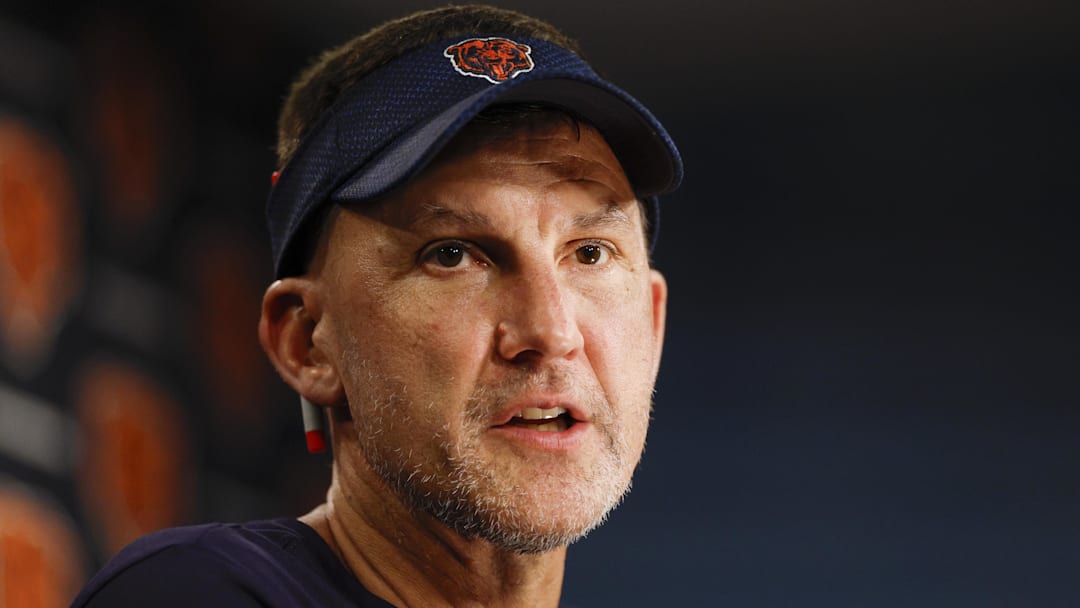 Jul 23, 2025; Lake Forest, IL, USA; Chicago Bears defensive coordinator Dennis Allen speaks during training camp at Halas Hall.