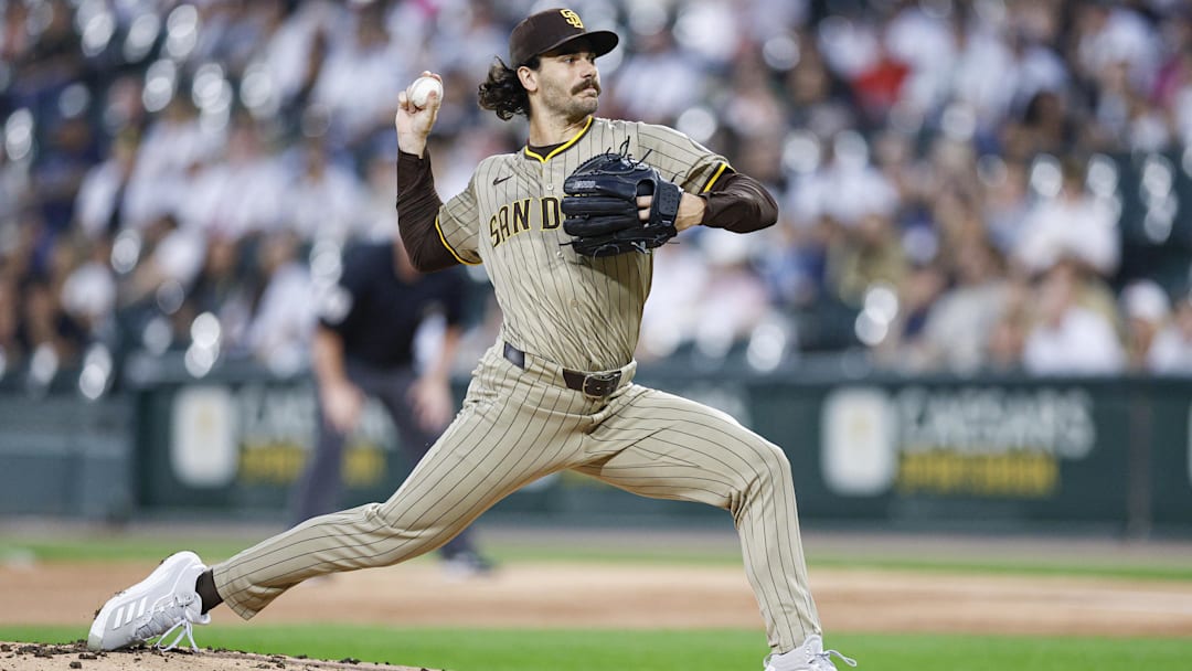 Sep 19, 2025; Chicago, Illinois, USA; San Diego Padres starting pitcher Dylan Cease (84) delivers a pitch against the Chicago White Sox during the first inning at Rate Field. Sep 19, 2025; Chicago, Illinois, USA; San Diego Padres starting pitcher Dylan Cease (84) delivers a pitch against the Chicago White Sox during the first inning at Rate Field.