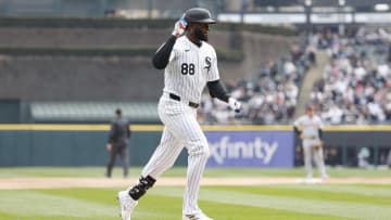 Mar 30, 2024; Chicago, Illinois, USA; Chicago White Sox center fielder Luis Robert Jr. (88) reacts
