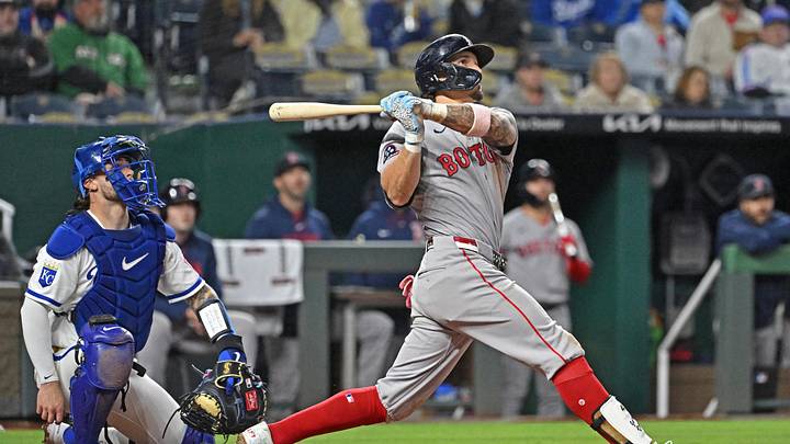 May 19, 2026; Kansas City, Missouri, USA;  Boston Red Sox left fielder Jarren Duran (16) hits a three-run home run in the ninth inning against the Kansas City Royals at Kauffman Stadium. Mandatory Credit: Peter Aiken-Imagn Images