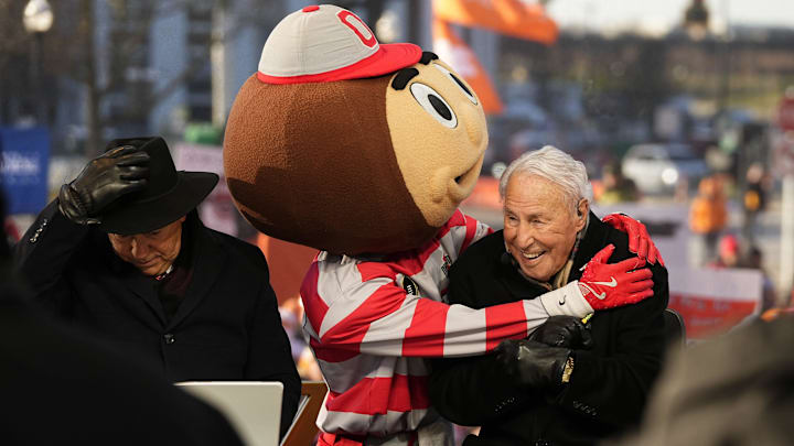 Ohio State mascot Brutus interacts with Lee Corso on the set of ESPN College GameDay prior to the College Football Playoff first round game between the Ohio State Buckeyes and Tennessee Volunteers in Columbus on Dec. 21, 2024.