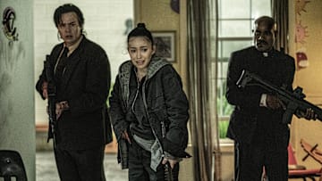 Christian Serratos as Rosita Espinosa, Seth Gilliam as Father Gabriel Stokes, Josh McDermitt as Dr. Eugene Porter - The Walking Dead season 11