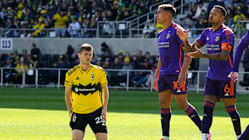 Columbus Crew midfielder Sean Zawadzki (25) looks at the referee in the first half at Lower.com Field on Saturday, March 8, 2025 in Columbus, Ohio.