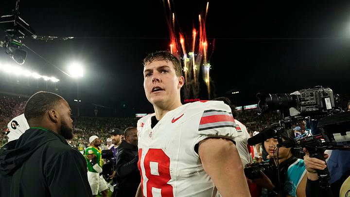 Ohio State Buckeyes quarterback Will Howard (18) celebrates following the 41-21 win over the Oregon Ducks in the College Football Playoff quarterfinal at the Rose Bowl in Pasadena, Calif. on Jan. 1, 2025.
