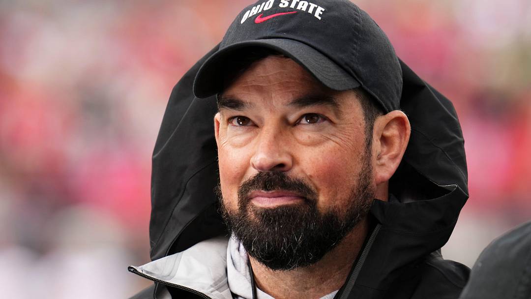 Ohio State Buckeyes head coach Ryan Day prepares for a tv interview during the Ohio State football spring game at Ohio Stadium in Columbus on April 18, 2026.