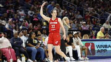 Aug 30, 2024; Chicago, Illinois, USA; Indiana Fever guard Caitlin Clark (22) reacts as she walks off the floor during the second half of a basketball game against the Chicago Sky at Wintrust Arena. Mandatory Credit: Kamil Krzaczynski-Imagn Images