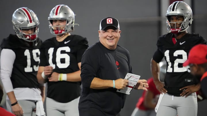 Mar 5, 2024; Columbus, OH, USA; Ohio State Buckeyes offensive coordinator Chip Kelly works with quarterbacks during the first spring practice at the Woody Hayes Athletic Center.