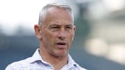 Jul 3, 2025; Chicago, Illinois, USA; Chicago Cubs president of baseball operations Jed Hoyer speaks before a baseball game between the Chicago Cubs and Cleveland Guardians at Wrigley Field.