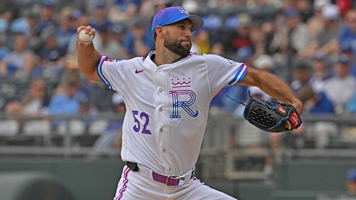 Apr 11, 2026; Kansas City, Missouri, USA;  Kansas City Royals starting pitcher Michael Wacha (52) throws a pitch in the first inning against the Chicago White Sox at Kauffman Stadium. Mandatory Credit: Peter Aiken-Imagn Images