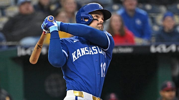 May 5, 2026; Kansas City, Missouri, USA; Kansas City Royals second baseman Michael Massey (19) hits a two-run home run in the fourth inning against the Cleveland Guardians at Kauffman Stadium. Mandatory Credit: Peter Aiken-Imagn Images