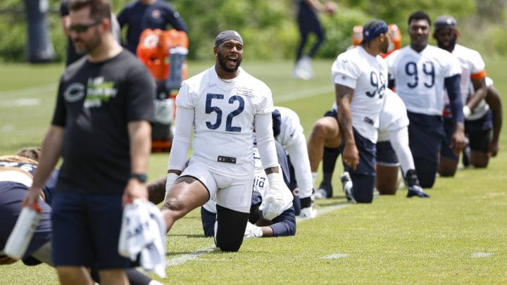 Khalid Kareem yells out to a coach during stretching at minicamp. Defensive linemen will be closely scrutiinzed from Day 1.