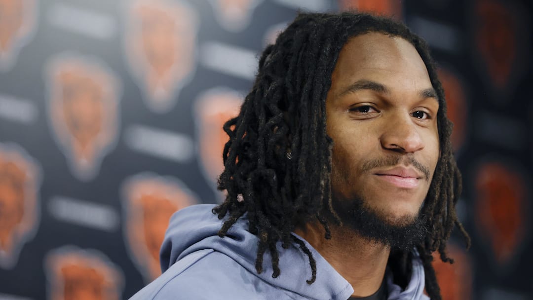 May 9, 2025; Lake Forest, IL, USA; Chicago Bears wide receiver Luther Burden III smiles during the Rookie Minicamp at Halas Hall. Mandatory Credit: Kamil Krzaczynski-Imagn Images