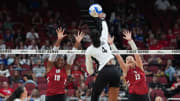 Action during the Louisville versus Wisconsin volleyball match at the AVCA First Serve Showcase at the KFC Yum! Center in Louisville, Ky. on Aug. 27, 2024