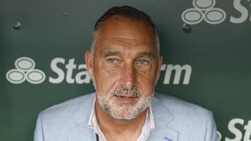 Jul 4, 2025; Chicago, Illinois, USA; St. Louis Cardinals president of baseball operations John Mozeliak speaks before a baseball game against the Chicago Cubs at Wrigley Field. Mandatory Credit: Kamil Krzaczynski-Imagn Images