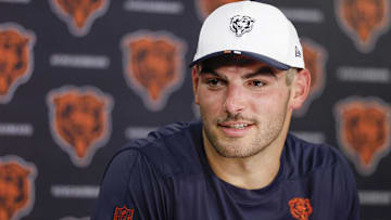 Chicago Bears tight end Cole Kmet (85) speaks during training camp at Halas Hall.