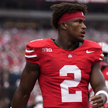 Aug 31, 2024; Columbus, OH, USA; Ohio State Buckeyes safety Caleb Downs (2) warms up prior to the NCAA football game against the Akron Zips at Ohio Stadium.