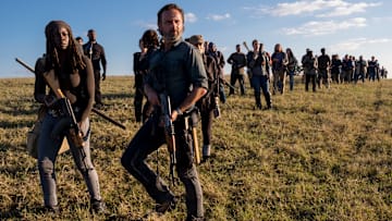 Danai Gurira as Michonne, Andrew Lincoln as Rick Grimes, Christian Serratos as Rosita Espinosa, Norman Reedus as Daryl Dixon, Melissa McBride as Carol Peletier - The Walking Dead season 8