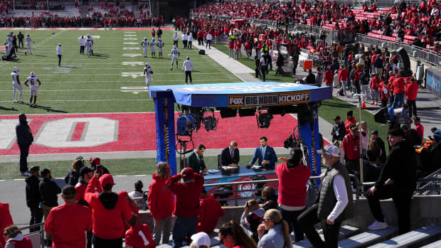 Oct 21, 2023; Columbus, Ohio, USA; The Fox Big Noon Kickoff crew broadcasts from the field prior to