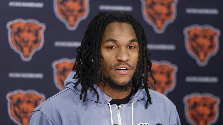 May 9, 2025; Lake Forest, IL, USA; Chicago Bears wide receiver Luther Burden III speaks during the Rookie Minicamp at Halas Hall. Mandatory Credit: Kamil Krzaczynski-Imagn Images
