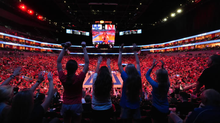 Kentucky volleyball and Nebraska volleyball fans cheered on their team during the AVCA First Serve Showcase at the KFC Yum! Center in Louisville, Ky. on Aug. 27, 2024