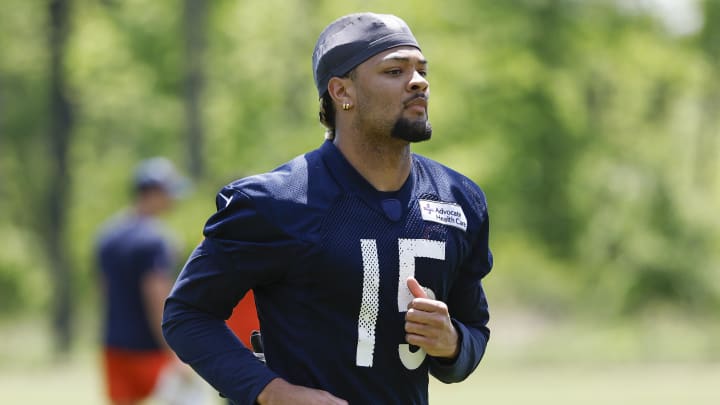 May 23, 2024; Lake Forest, IL, USA; Chicago Bears wide receiver Rome Odunze (15) warms up during organized team activities at Halas Hall Mandatory Credit: Kamil Krzaczynski-USA TODAY Sports