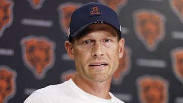 Aug 15, 2025; Lake Forest, IL, USA; Chicago Bears head coach Ben Johnson addresses the media at Halas Hall before joint training camp practice with the Buffalo Bills ahead of Sunday's preseason game. Mandatory Credit: Kamil Krzaczynski-Imagn Images