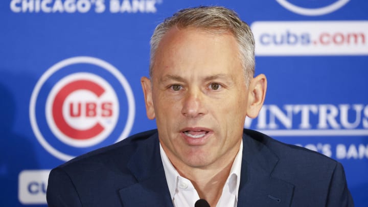 Nov 13, 2023; Chicago, Illinois, USA; Chicago Cubs president of baseball operations Jed Hoyer speaks before introducing Craig Counsell as new Cubs manager during a press conference in Chicago. 