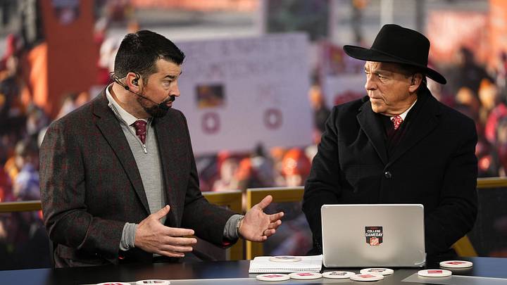 Dec 21, 2024; Columbus, Ohio, USA; Ohio State head coach Ryan Day talks to Nick Saban on the set of ESPN College GameDay prior to the College Football Playoff first round game between the Ohio State Buckeyes and Tennessee Volunteers in Columbus at Ohio Stadium. Mandatory Credit: Adam Cairns-Imagn Images via the USA Today Network