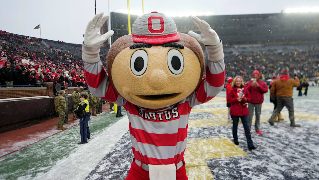 Ohio State Buckeyes mascot Brutus celebrates following the NCAA football game against the Michigan Wolverines at Michigan Stadium in Ann Arbor, Mich., on Nov. 29, 2025. Ohio State won 27-9. Ohio State Buckeyes mascot Brutus celebrates following the NCAA football game against the Michigan Wolverines at Michigan Stadium in Ann Arbor, Mich., on Nov. 29, 2025. Ohio State won 27-9.