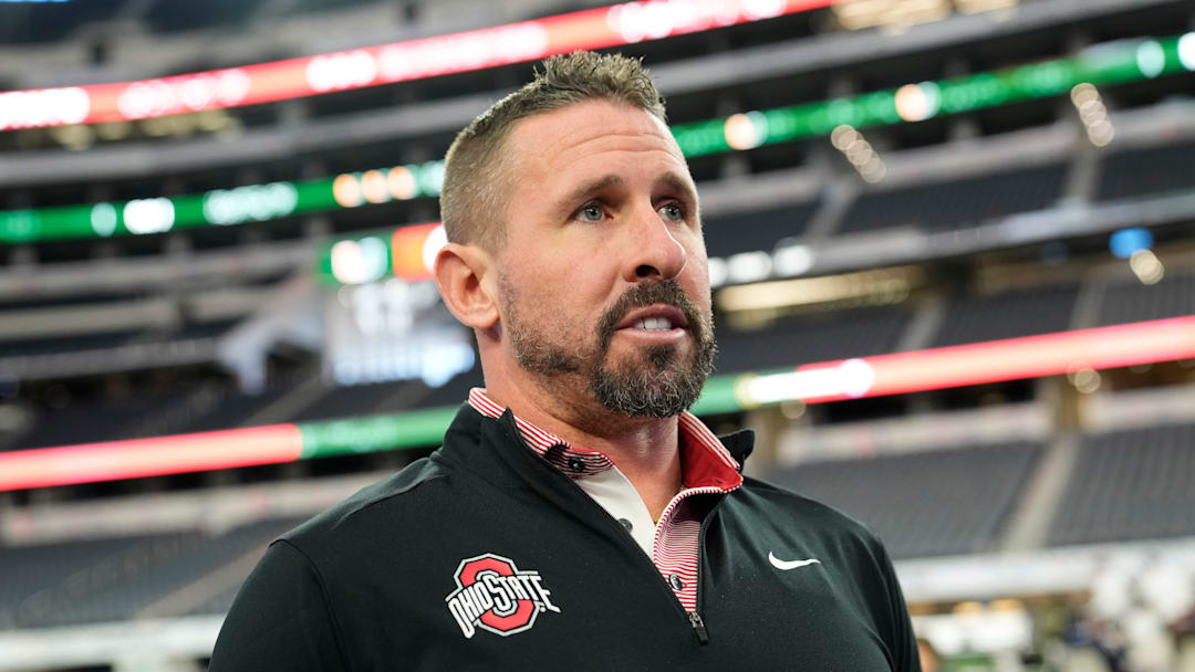 Ohio State Buckeyes offensive coordinator Brian Hartline speaks during the Cotton Bowl Media Day at AT&T Stadium in Dallas prior to the College Football Playoff matchup against the Miami Hurricanes on Dec. 29, 2025.
