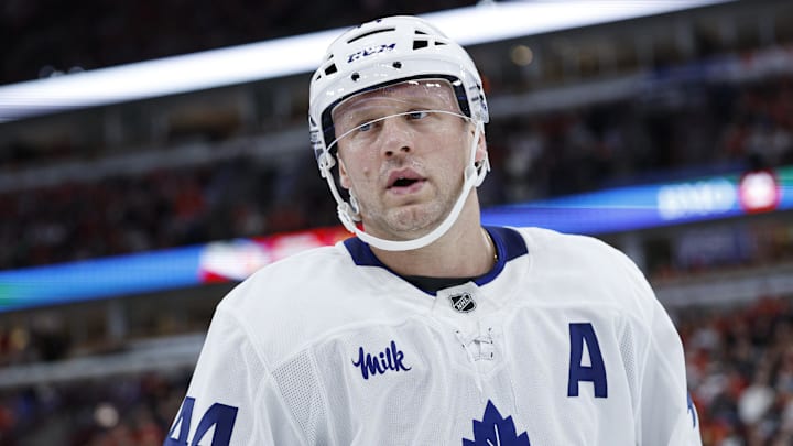 Nov 15, 2025; Chicago, Illinois, USA; Toronto Maple Leafs defenseman Morgan Rielly (44) reacts during the first period at United Center. Mandatory Credit: Kamil Krzaczynski-Imagn Images