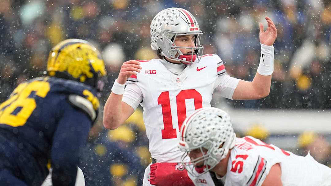 Ohio State Buckeyes quarterback Julian Sayin (10) lines up during the NCAA football game against the Michigan Wolverines at Michigan Stadium in Ann Arbor, Mich. on Nov. 29, 2025. Ohio State won 27-9.