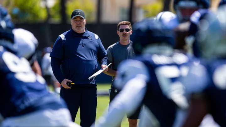 Aug 1, 2023; Oxnard, CA, USA; Dallas Cowboys head coach Mike McCarthy during training camp at Marriott Residence Inn-River Ridge playing fields. 