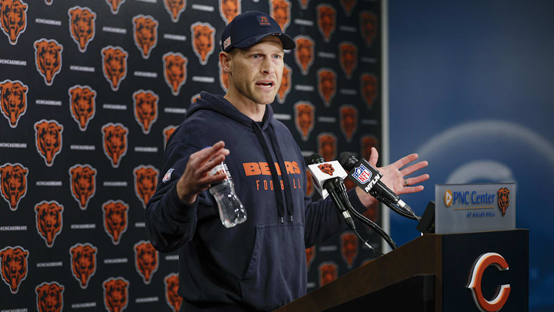 May 9, 2025; Lake Forest, IL, USA; Chicago Bears head coach Ben Johnson (R) speaks during the Rookie Minicamp at Halas Hall. Mandatory Credit: Kamil Krzaczynski-Imagn Images