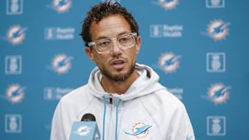 Aug 8, 2025; Lake Forest, IL, USA; Miami Dolphins head coach Mike McDaniel speaks before joint training camp practice with the Chicago Bears ahead of Sunday's preseason opener. Mandatory Credit: Kamil Krzaczynski-Imagn Images