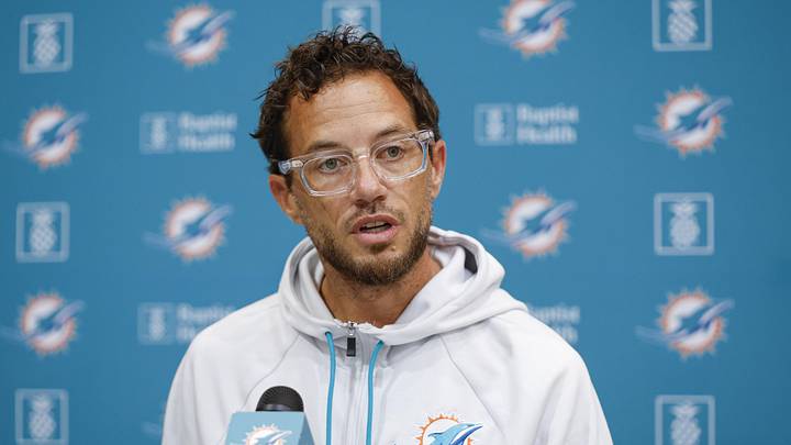 Aug 8, 2025; Lake Forest, IL, USA; Miami Dolphins head coach Mike McDaniel speaks before joint training camp practice with the Chicago Bears ahead of Sunday's preseason opener. Mandatory Credit: Kamil Krzaczynski-Imagn Images