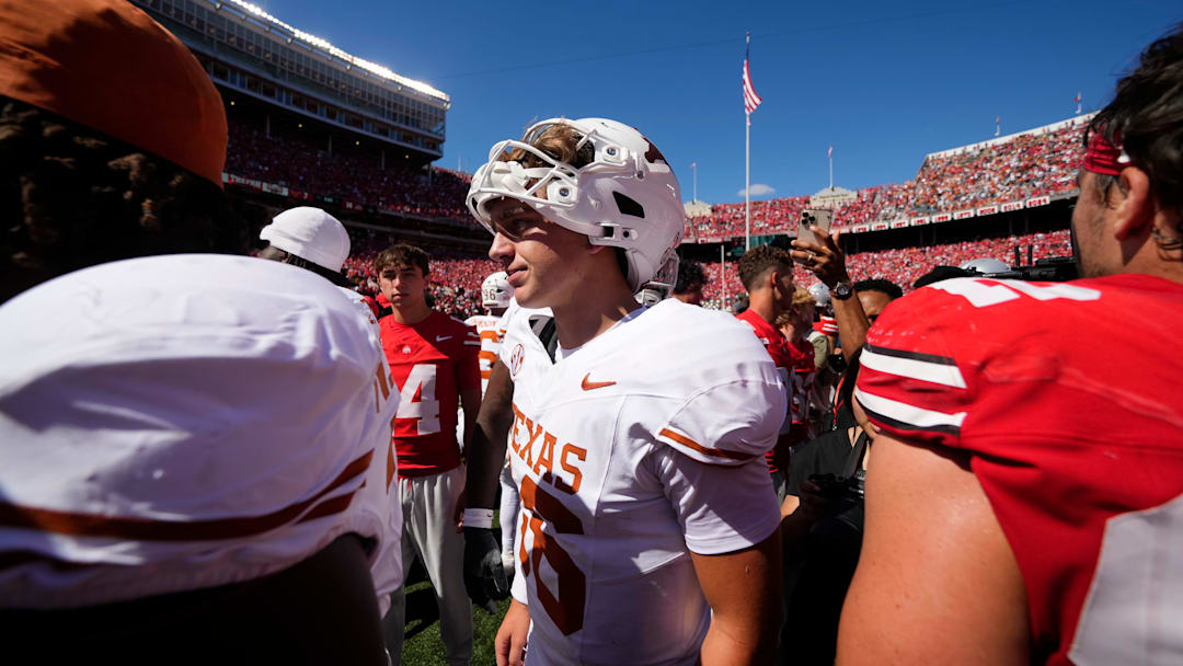 Texas Longhorns quarterback Arch Manning (16) leaves the field following the NCAA football game against the Ohio State Buckeyes at Ohio Stadium on Aug. 30, 2025. Ohio State won 14-7.