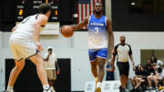 Jun 30, 2024; Columbus, OH, USA; Ohio State guard Bruce Thornton dribbles up court during the Kingdom Summer League basketball program at Ohio Dominican University.