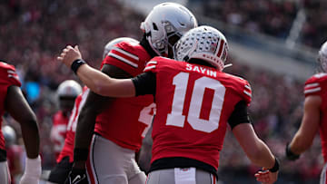 Ohio State Buckeyes wide receiver Jeremiah Smith (4) celebrates a touchdown with quarterback Julian Sayin (10) during the NCAA football game against the Penn State Nittany Lions at Ohio Stadium in Columbus on Nov. 1, 2025.